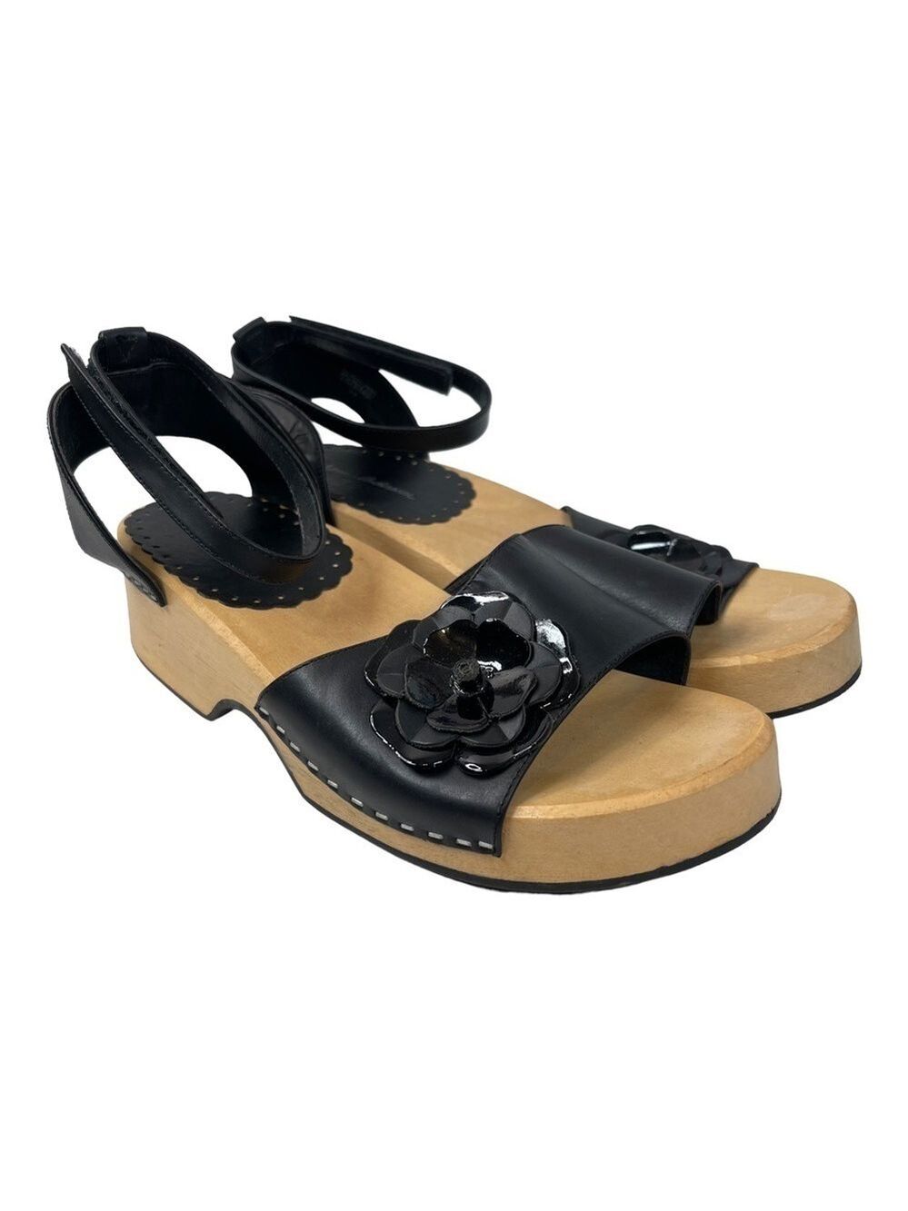Hanna Andersson Black Floral Wooden Sole Clog Sandals Euro 39 Womens 8